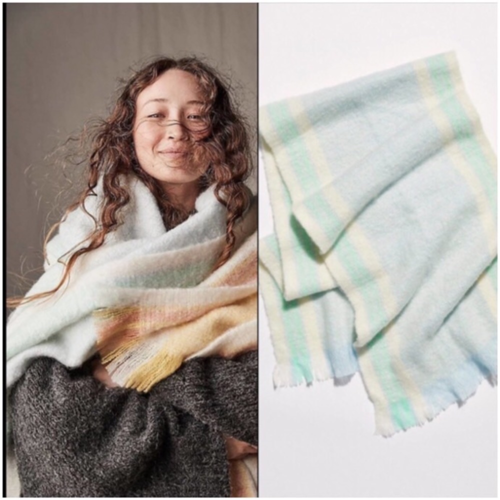 25.Free People Brushed Racer Stripe Knit Blanket Scarf Sky Combo Pastel NWT